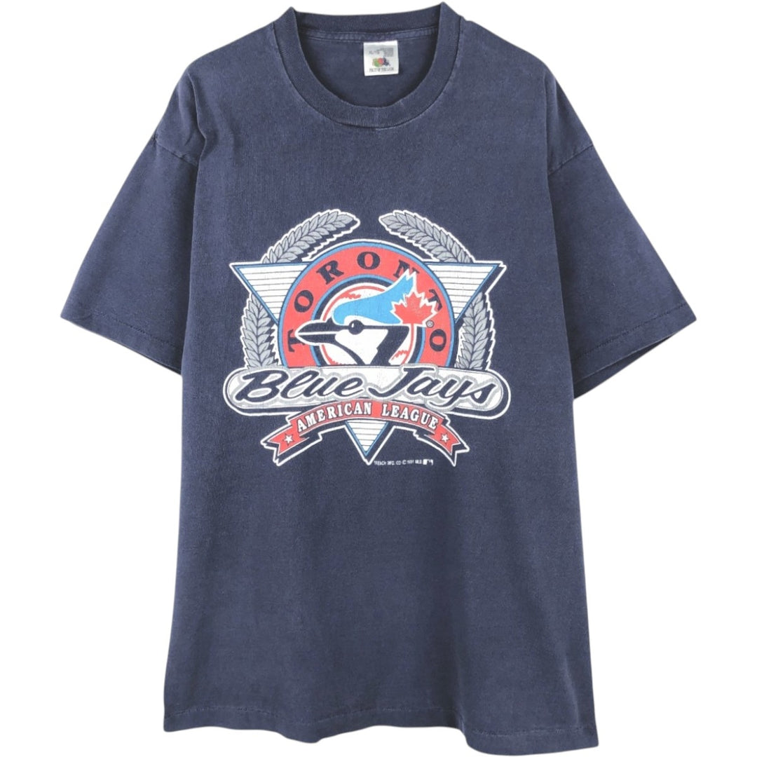 90'S Fruit of the Loom MLB Toronto Blue Jays Logo Print T-Shirt, Made in Canada, Men's XL (approx.) cotton navy blue type Vintage Second Hand