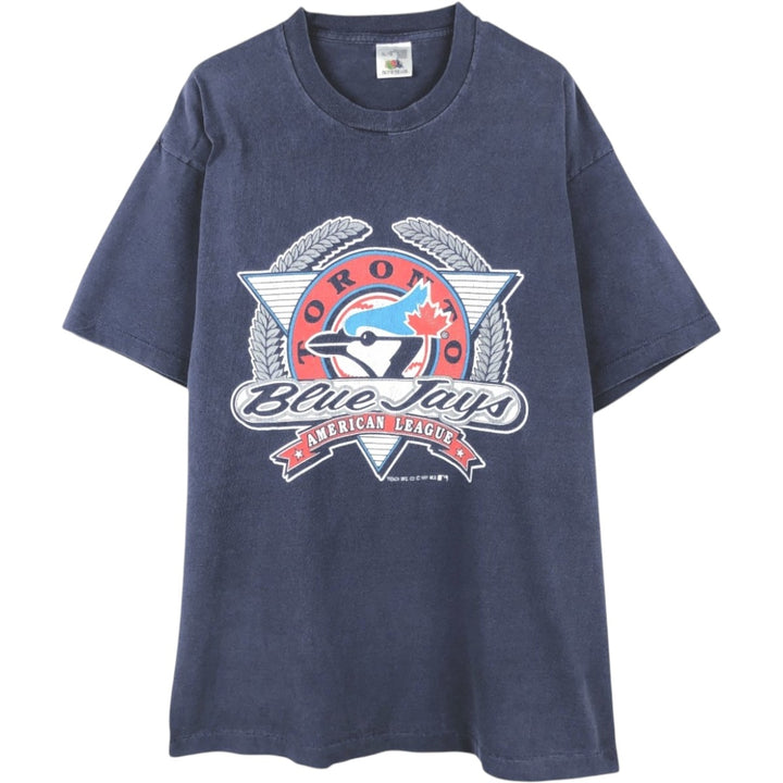 90'S Fruit of the Loom MLB Toronto Blue Jays Logo Print T-Shirt, Made in Canada, Men's XL (approx.) cotton navy blue type Vintage Second Hand
