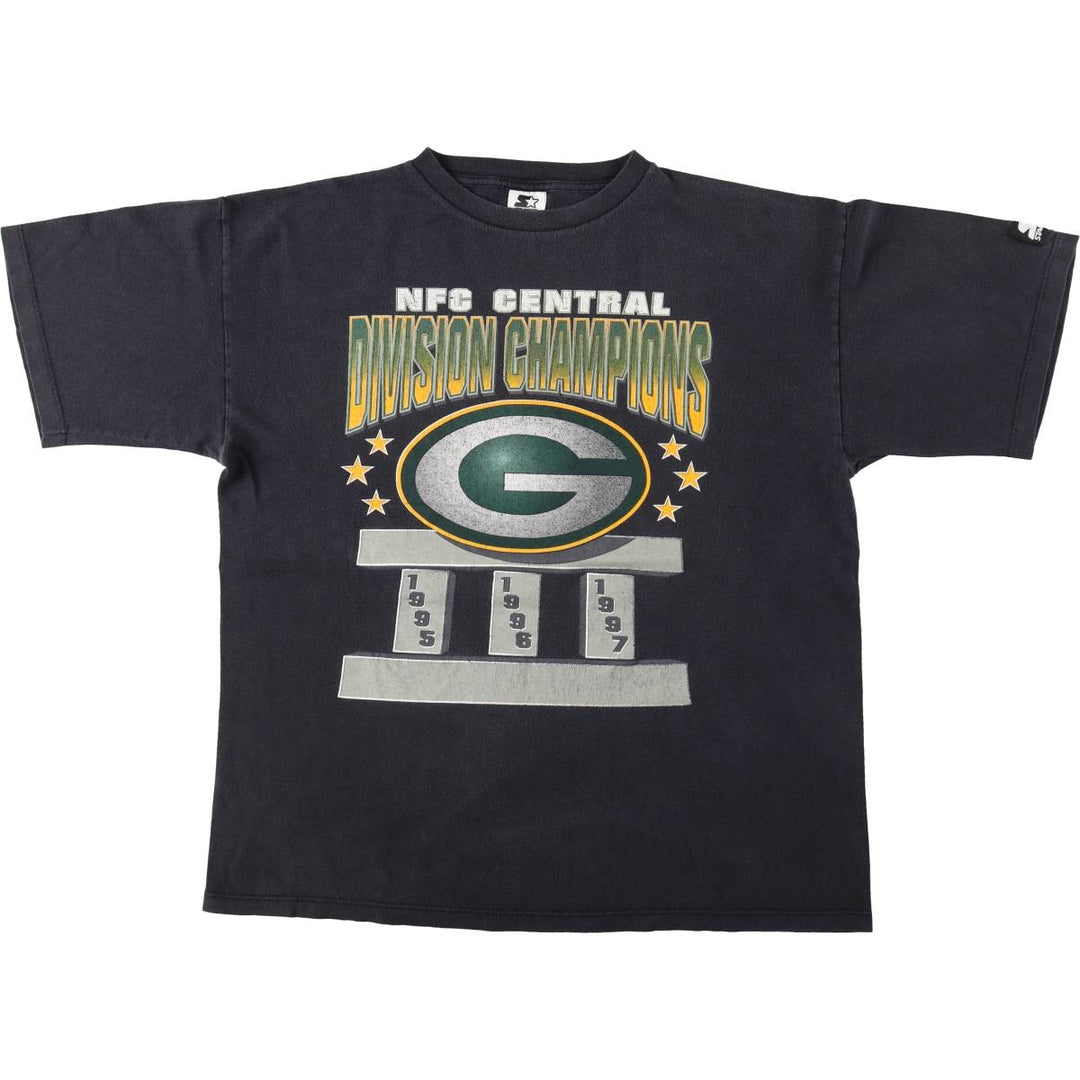 90'S Starter NFL Green Bay Packers sports print T-shirt, Made in USA, Men's size L cotton black type Vintage Second Hand