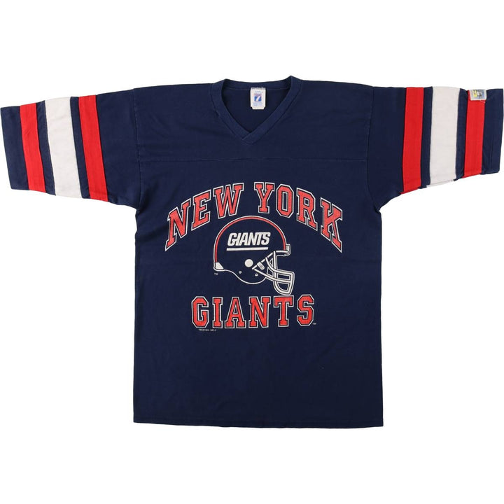 90'S Logo Seven NFL New York Giants V-neck Football T-shirt, 3/4 sleeve, Made in USA, Men's size L equivalent. cotton navy blue type Vintage Second Hand