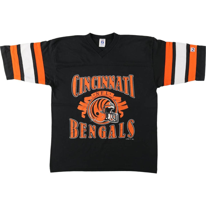 90'S Logo 7 NFL Cincinnati Bengals V-neck Football T-shirt, Made in USA, Men's XL equivalent. cotton black type Vintage Second Hand