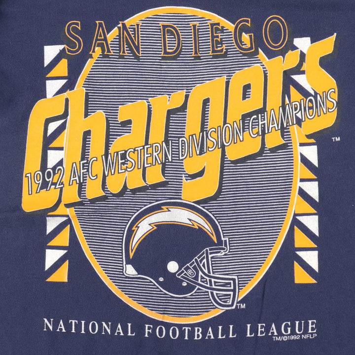 80'S Hanes NFL San Diego Chargers sports print T-shirt, Made in USA, Men's size L (approx.) cotton navy blue type Vintage Second Hand