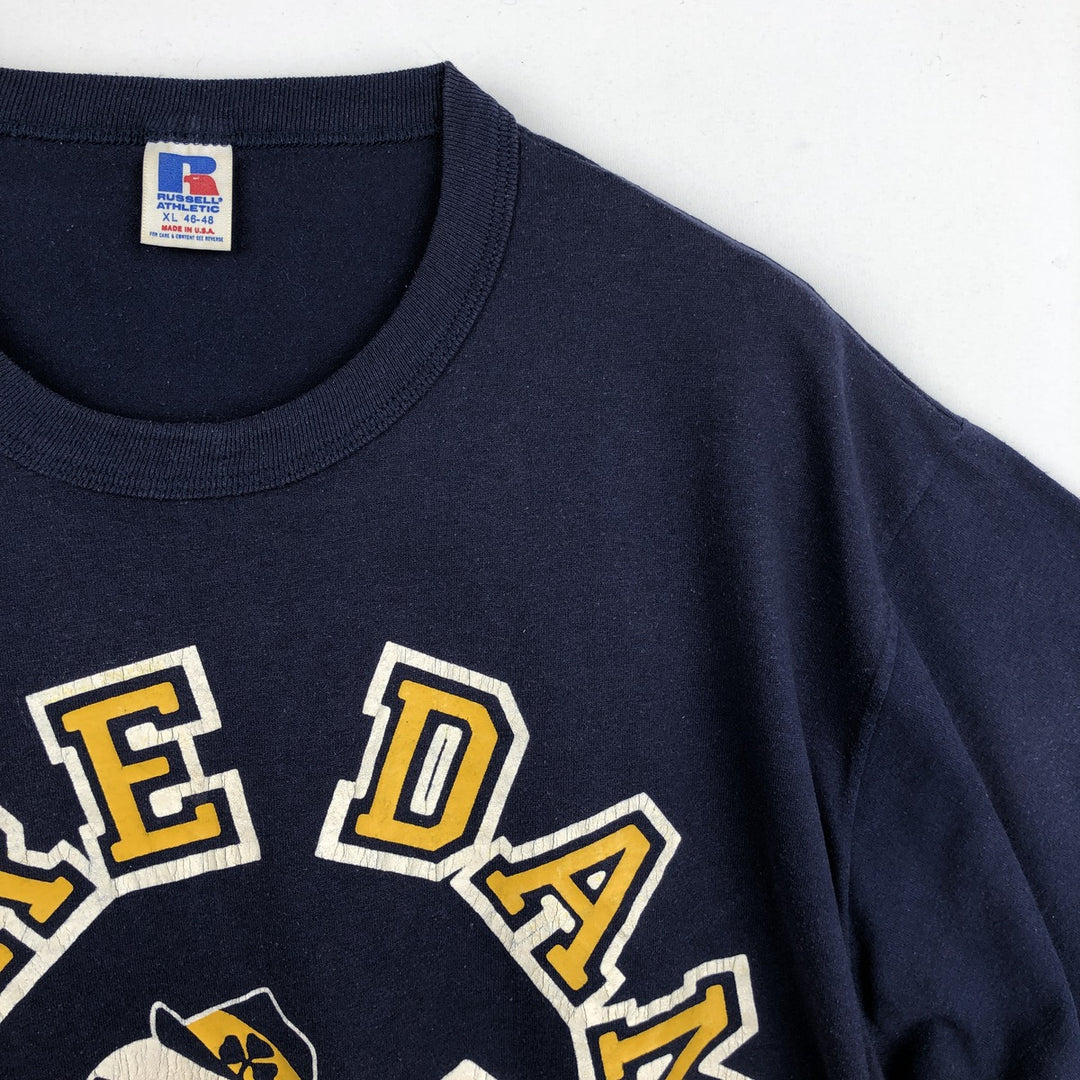 90'S Russell FIGHTIN' IRISH Notre Dame University College T-shirt, Made in USA, Men's XL equivalent. cotton navy blue type Vintage Second Hand