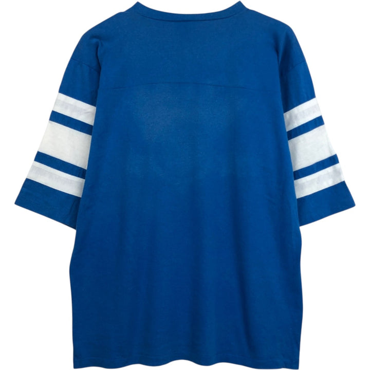 90'S LOGO7 V-neck 3/4 sleeve football t-shirt, Made in USA, Men's size L equivalent, Vintage cotton blue type Vintage Second Hand