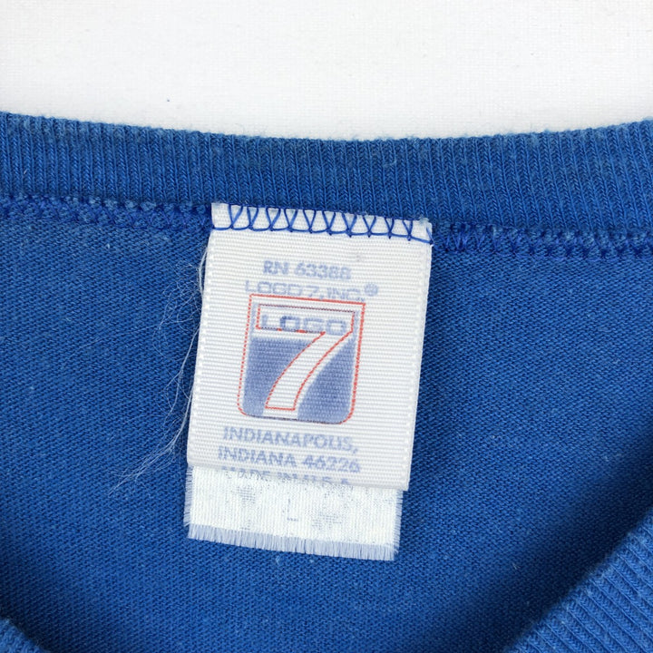 90'S LOGO7 V-neck 3/4 sleeve football t-shirt, Made in USA, Men's size L equivalent, Vintage cotton blue type Vintage Second Hand
