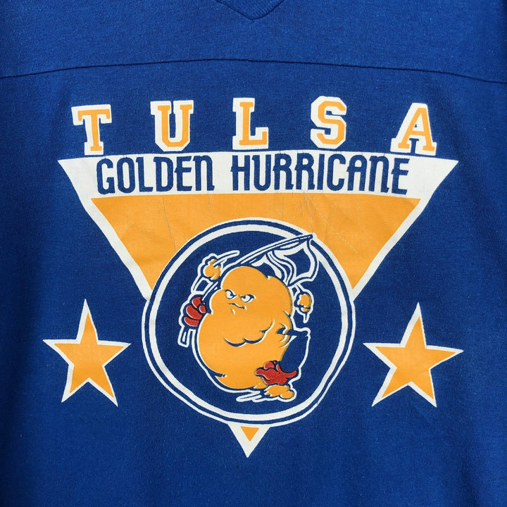 90'S LOGO7 V-neck 3/4 sleeve football t-shirt, Made in USA, Men's size L equivalent, Vintage cotton blue type Vintage Second Hand