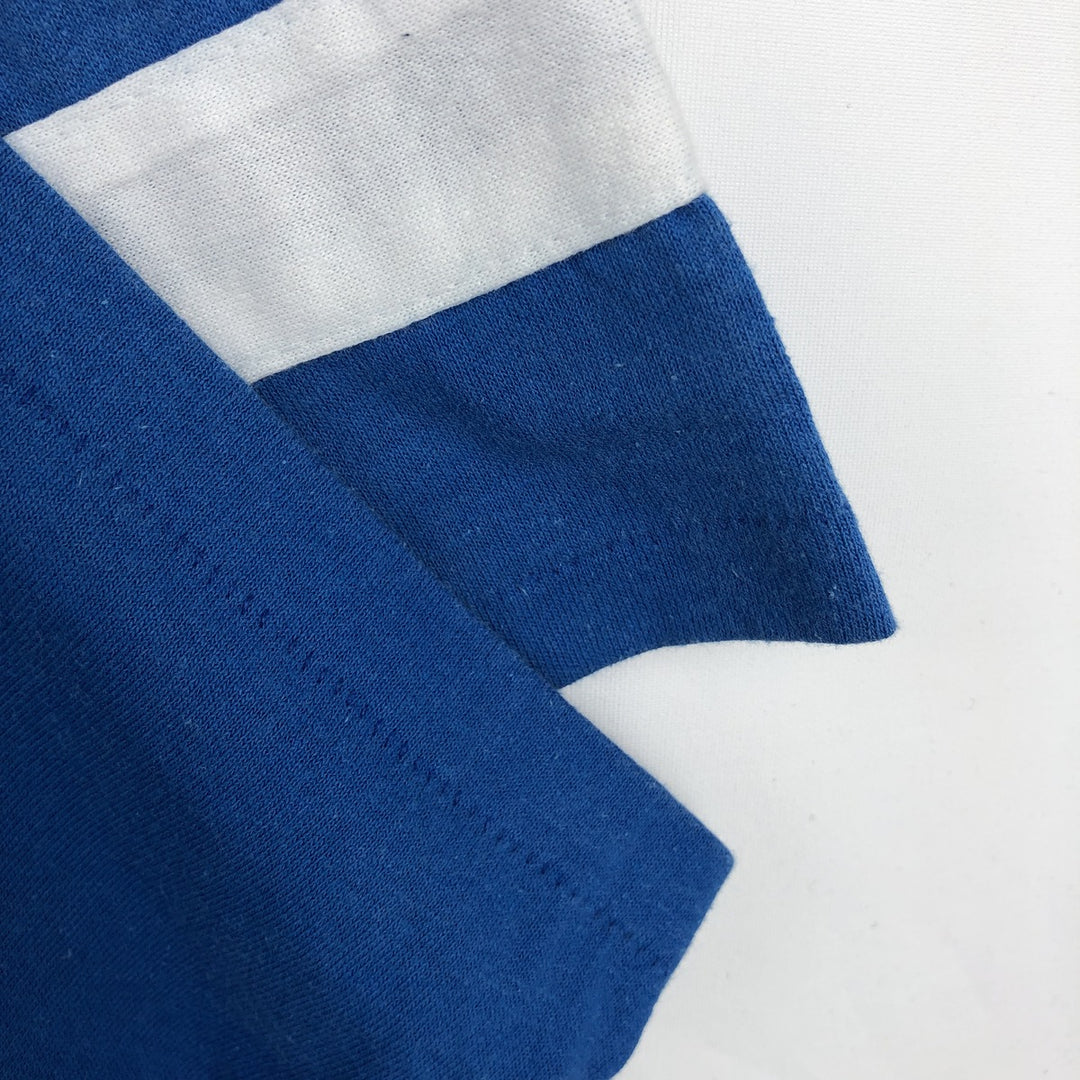 90'S LOGO7 V-neck 3/4 sleeve football t-shirt, Made in USA, Men's size L equivalent, Vintage cotton blue type Vintage Second Hand