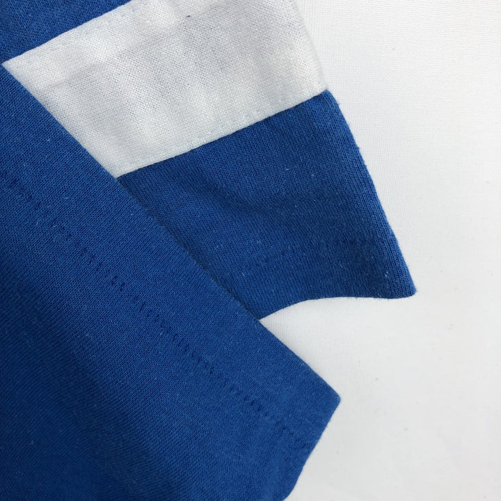90'S LOGO7 V-neck 3/4 sleeve football t-shirt, Made in USA, Men's size L equivalent, Vintage cotton blue type Vintage Second Hand