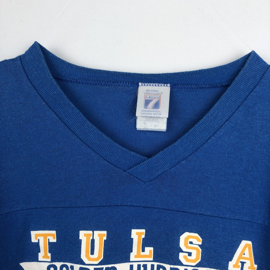 90'S LOGO7 V-neck 3/4 sleeve football t-shirt, Made in USA, Men's size L equivalent, Vintage cotton blue type Vintage Second Hand