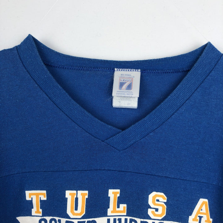 90'S LOGO7 V-neck 3/4 sleeve football t-shirt, Made in USA, Men's size L equivalent, Vintage cotton blue type Vintage Second Hand