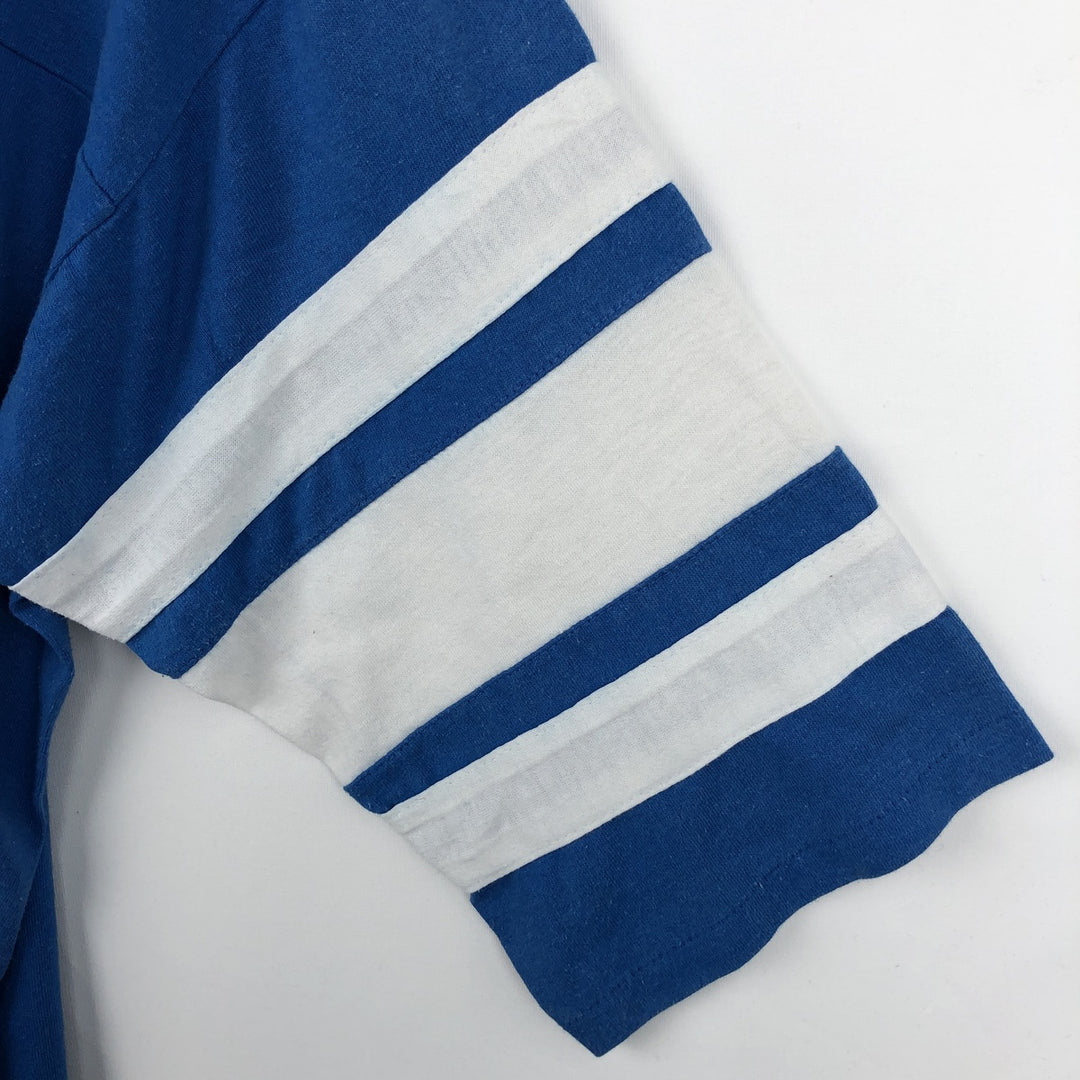 90'S LOGO7 V-neck 3/4 sleeve football t-shirt, Made in USA, Men's size L equivalent, Vintage cotton blue type Vintage Second Hand