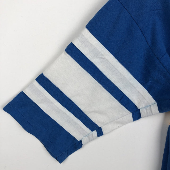 90'S LOGO7 V-neck 3/4 sleeve football t-shirt, Made in USA, Men's size L equivalent, Vintage cotton blue type Vintage Second Hand