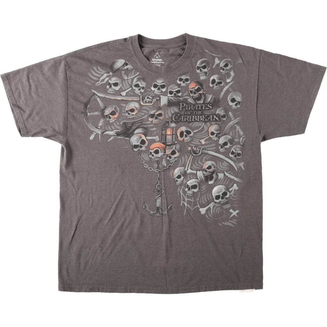 Walt Disney World Pirates of the Caribbean Skull Pattern Movie T-Shirt (Men's XL equivalent) cotton Charcoal Vintage Second Hand