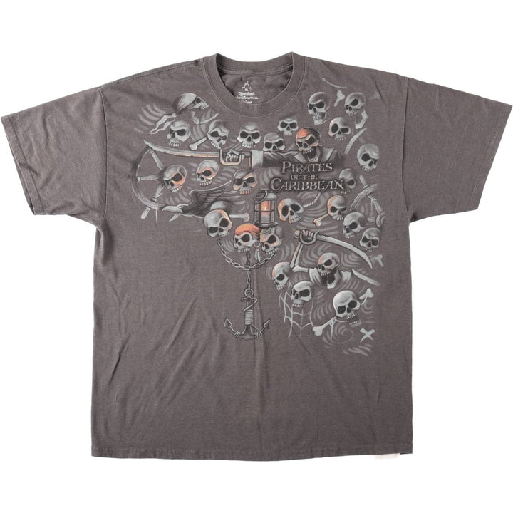 Walt Disney World Pirates of the Caribbean Skull Pattern Movie T-Shirt (Men's XL equivalent) cotton Charcoal Vintage Second Hand
