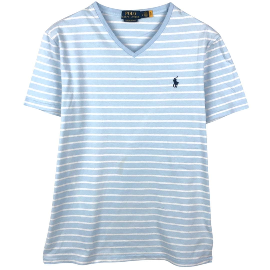 Ralph Lauren POLO RALPH LAUREN CUSTOM SLIM FIT V-neck Short-sleeve Striped T-shirt (Men's size L equivalent) cotton Blue type light blue Vintage Second Hand