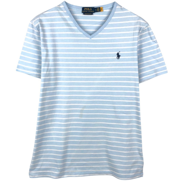 Ralph Lauren POLO RALPH LAUREN CUSTOM SLIM FIT V-neck Short-sleeve Striped T-shirt (Men's size L equivalent) cotton Blue type light blue Vintage Second Hand