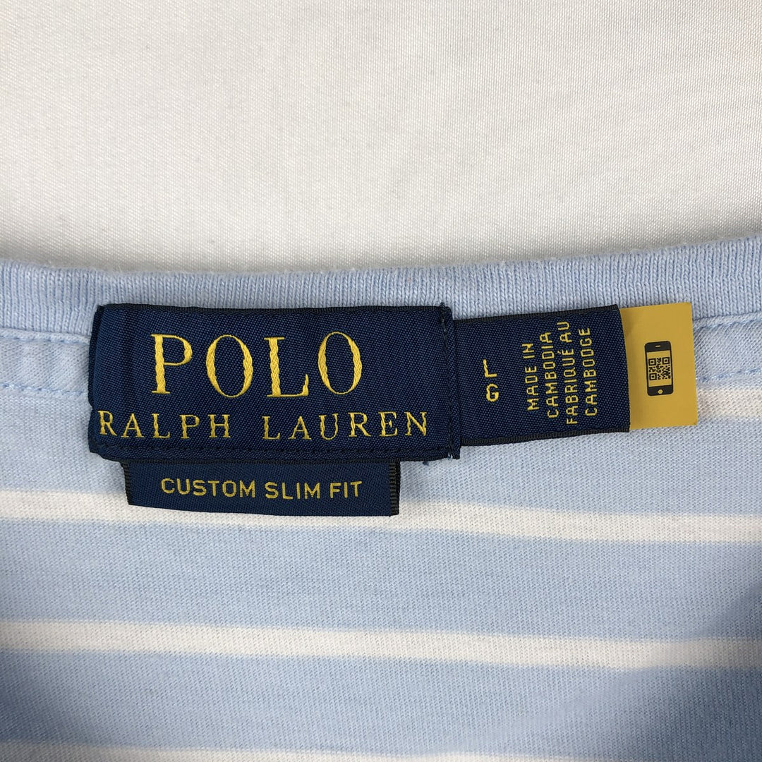 Ralph Lauren POLO RALPH LAUREN CUSTOM SLIM FIT V-neck Short-sleeve Striped T-shirt (Men's size L equivalent) cotton Blue type light blue Vintage Second Hand