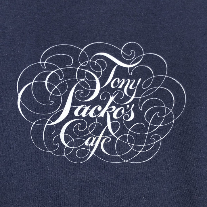 70s-80'S Jerzees by Russell Tony Packo's Cafe Advertising T-Shirt, Made in USA, Men's Size L (approx.), Vintage polyester navy blue type Vintage Second Hand
