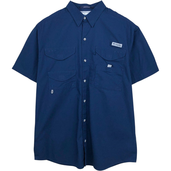 Columbia PFG Short Sleeve Fishing Shirt, Men's M Size cotton Navy blue Vintage Second Hand