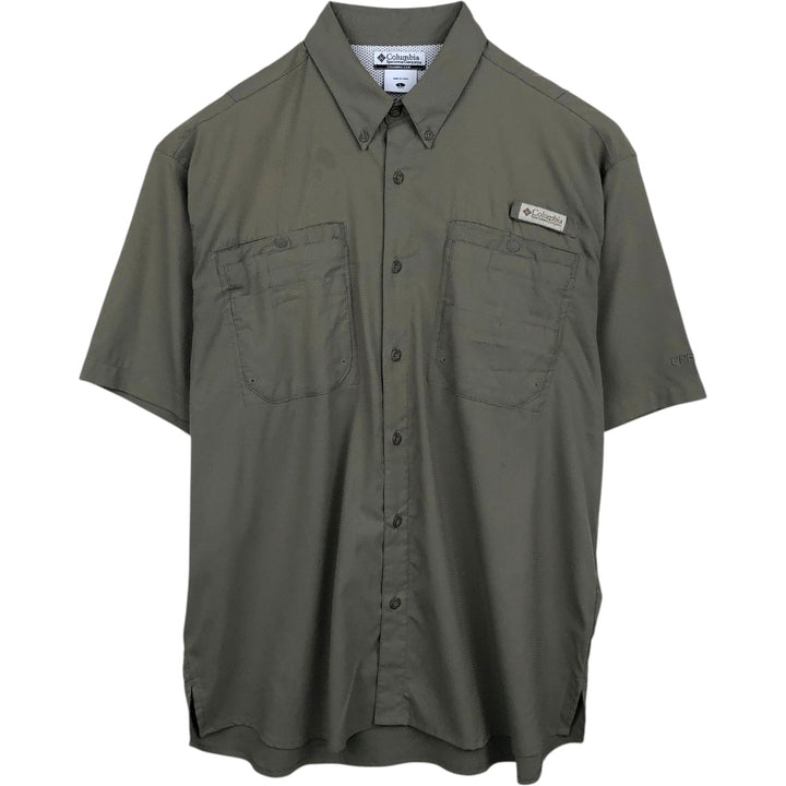 2000'S Columbia PFG UPF30+ Ripstop Short-Sleeve Fishing Shirt with Hidden Button-Down, Men's Size L (approx.) polyester Khaki type Vintage Second Hand
