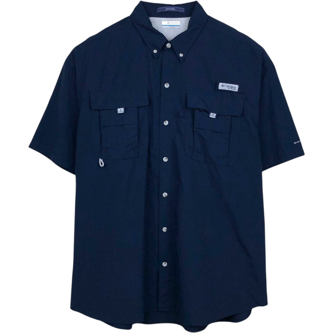 Columbia PFG BAHAMA OMNI-SHADE Button-Down Short-Sleeve Fishing Shirt (Men's XL equivalent) Nylon navy blue type Vintage Second Hand
