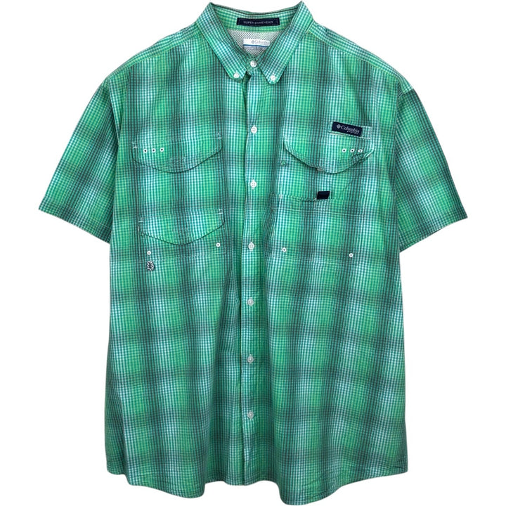 Columbia PFG SUPER BONEHEAD Check Pattern Ombre Check Button-Down Short-Sleeve Fishing Shirt (Men's XL equivalent) cotton Emerald green Vintage Second Hand