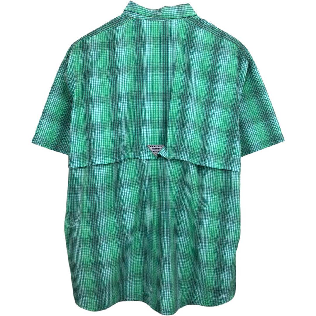 Columbia PFG SUPER BONEHEAD Check Pattern Ombre Check Button-Down Short-Sleeve Fishing Shirt (Men's XL equivalent) cotton Emerald green Vintage Second Hand