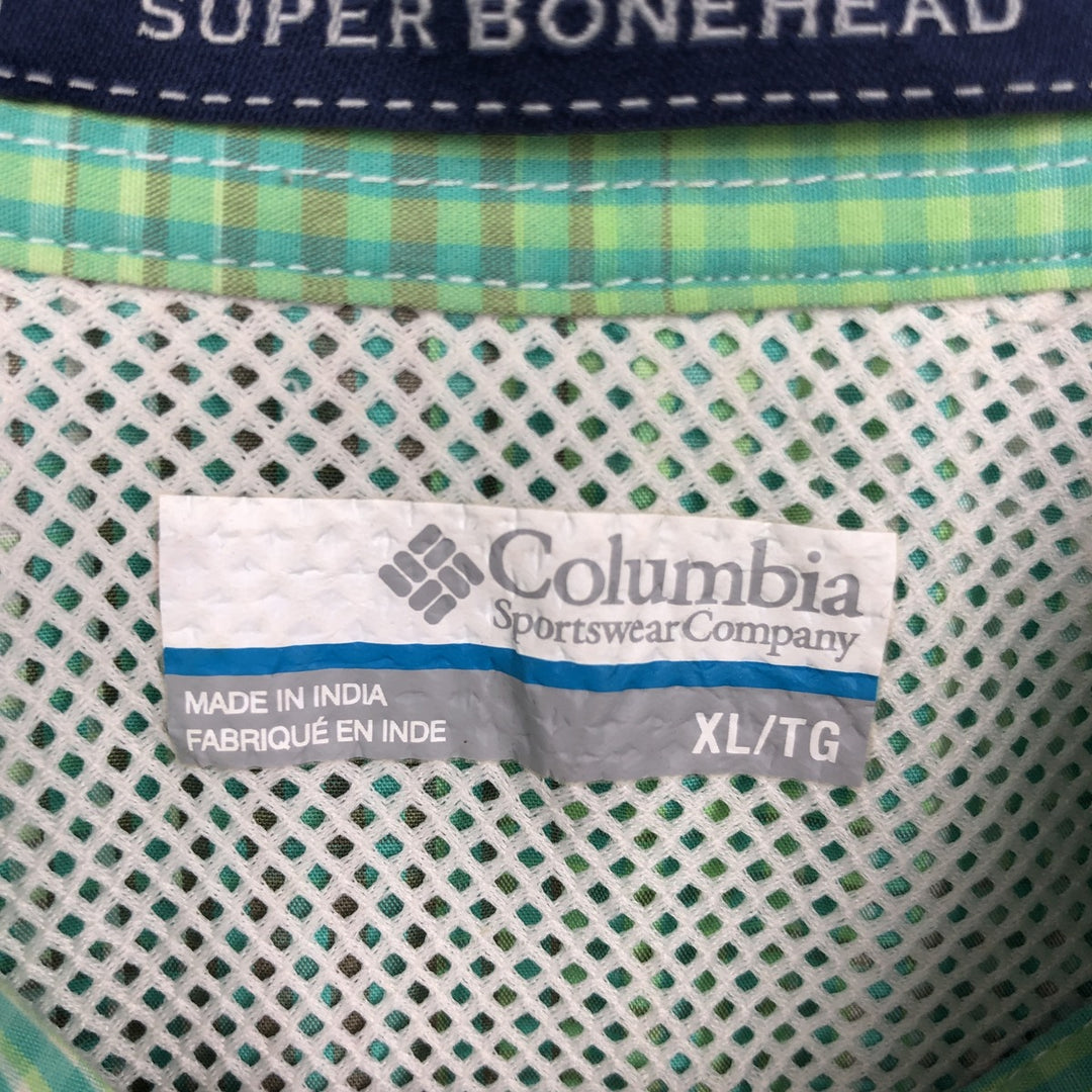 Columbia PFG SUPER BONEHEAD Check Pattern Ombre Check Button-Down Short-Sleeve Fishing Shirt (Men's XL equivalent) cotton Emerald green Vintage Second Hand
