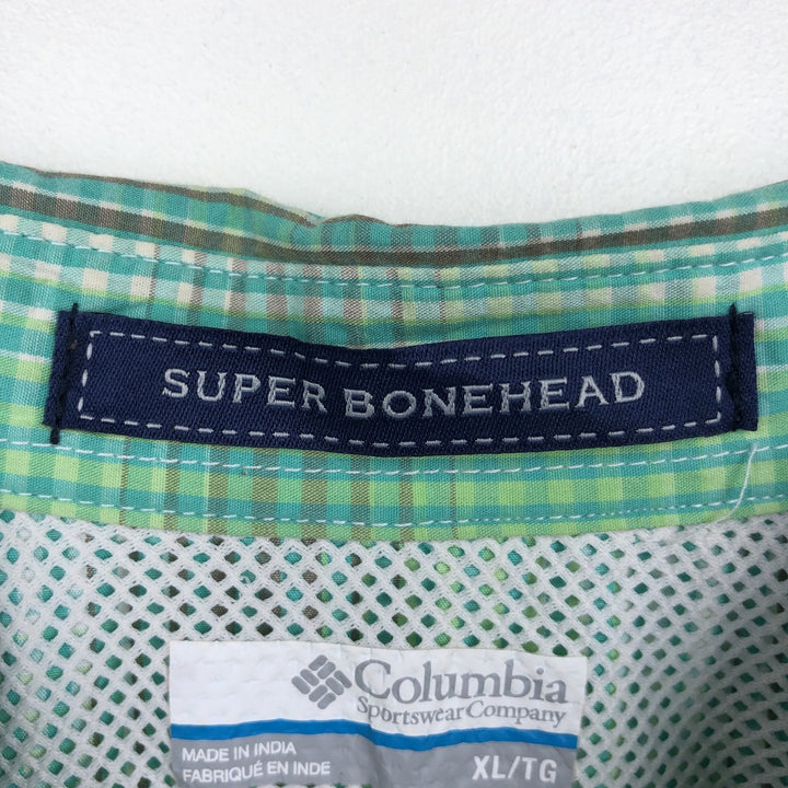 Columbia PFG SUPER BONEHEAD Check Pattern Ombre Check Button-Down Short-Sleeve Fishing Shirt (Men's XL equivalent) cotton Emerald green Vintage Second Hand