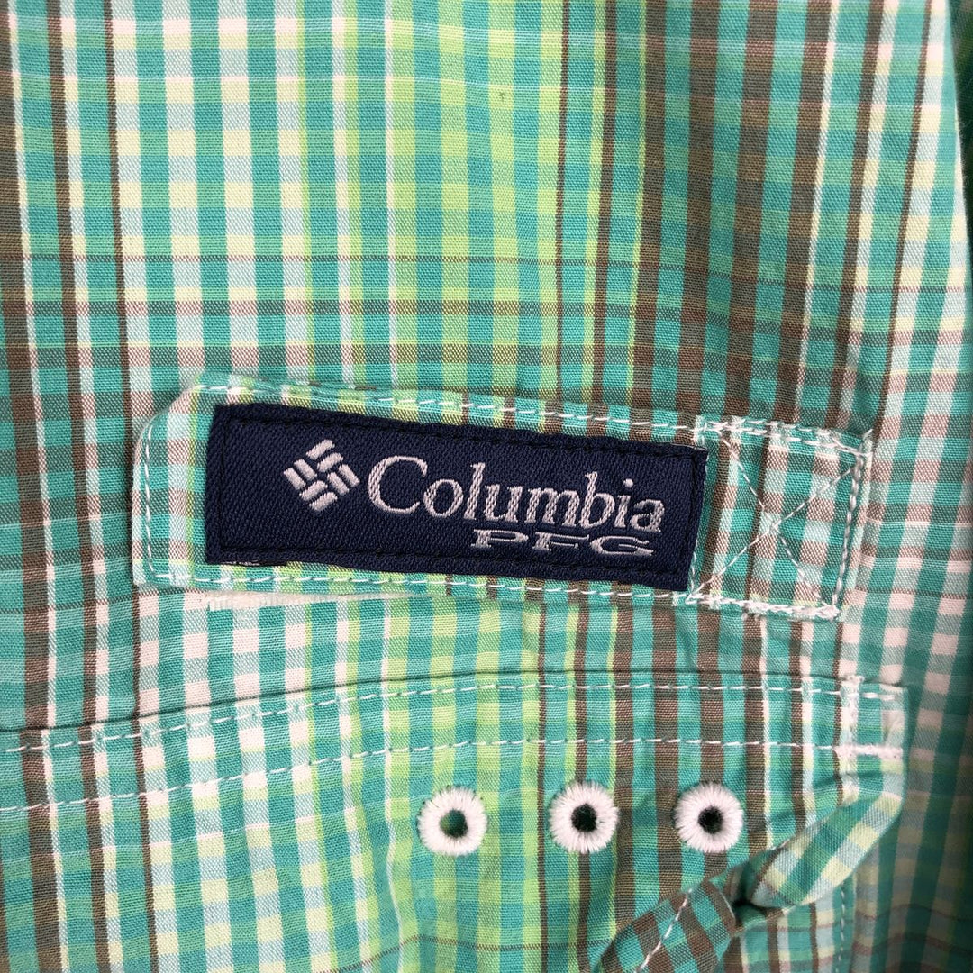 Columbia PFG SUPER BONEHEAD Check Pattern Ombre Check Button-Down Short-Sleeve Fishing Shirt (Men's XL equivalent) cotton Emerald green Vintage Second Hand