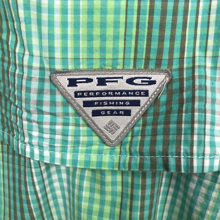Columbia PFG SUPER BONEHEAD Check Pattern Ombre Check Button-Down Short-Sleeve Fishing Shirt (Men's XL equivalent) cotton Emerald green Vintage Second Hand