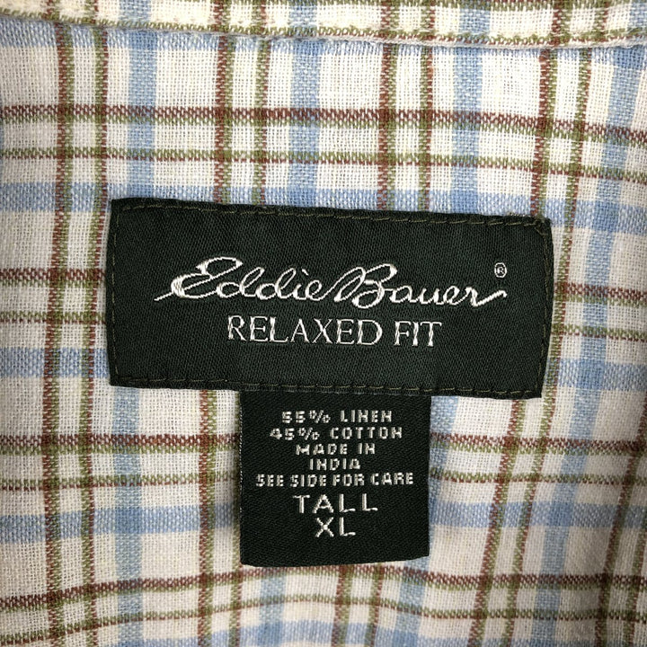 Eddie Bauer Relaxed Fit Check Pattern Short-Sleeve Linen Shirt, Men's Size XL (approx.) linen ivory Vintage Second Hand