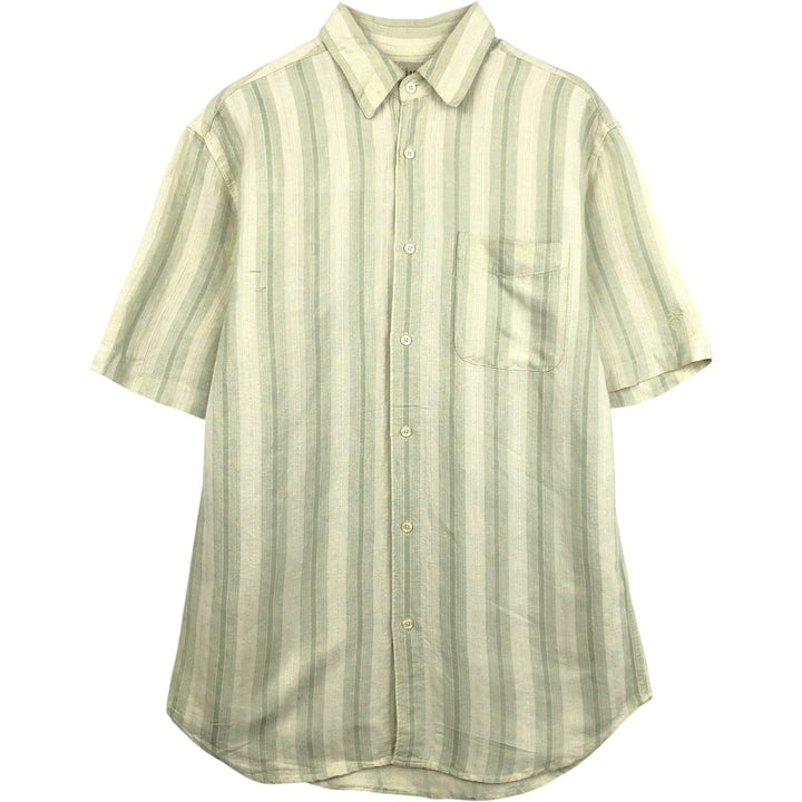 Cubavera Stripe Pattern Multi-Stripe Short-Sleeve Linen Shirt (Men's Size M) linen Khaki type sage green Vintage Second Hand