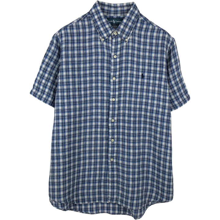 Ralph Lauren CUSTOM FIT Check Pattern Short Sleeve Linen Button Down Shirt Men's XL linen blue type Vintage Second Hand