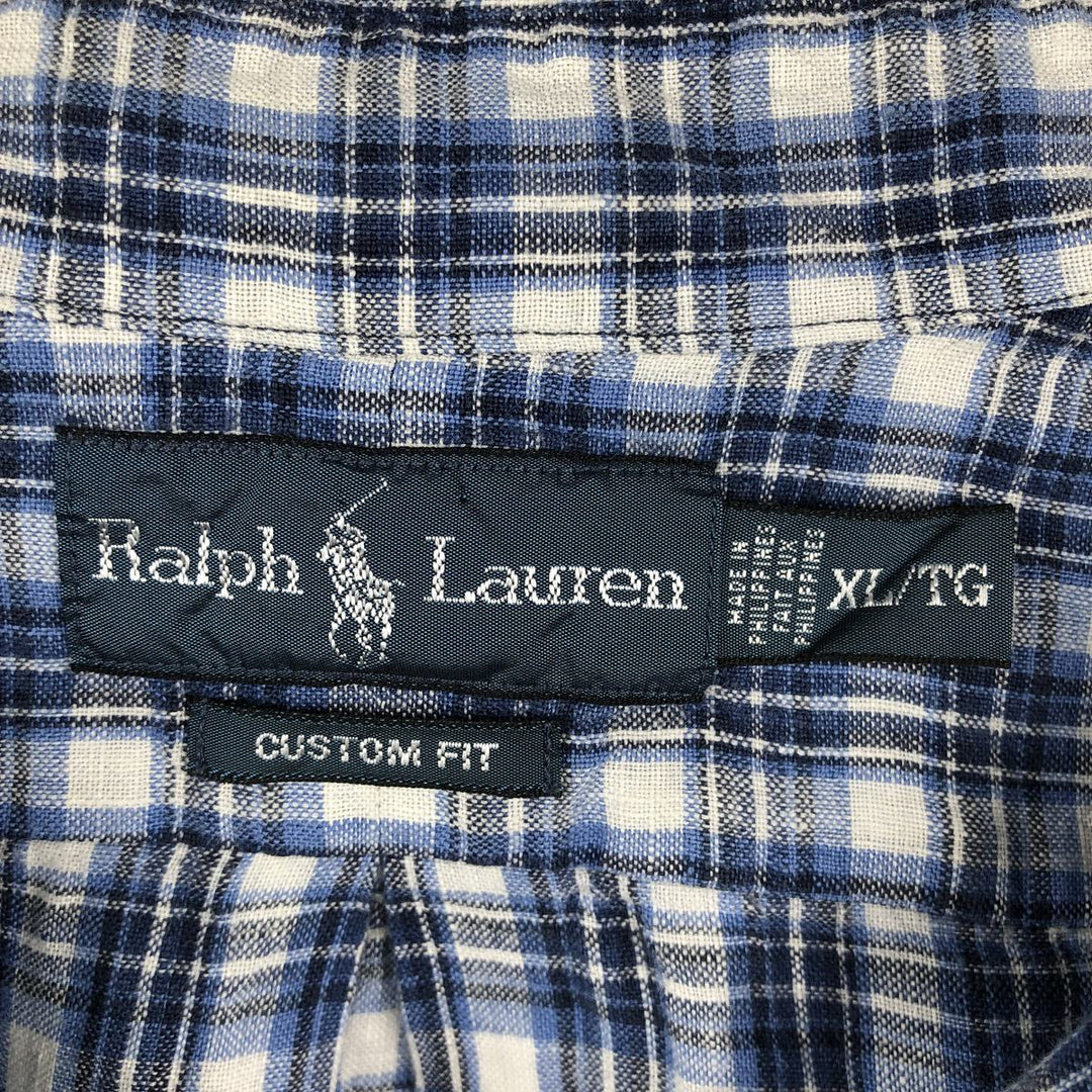 Ralph Lauren CUSTOM FIT Check Pattern Short Sleeve Linen Button Down Shirt Men's XL linen blue type Vintage Second Hand