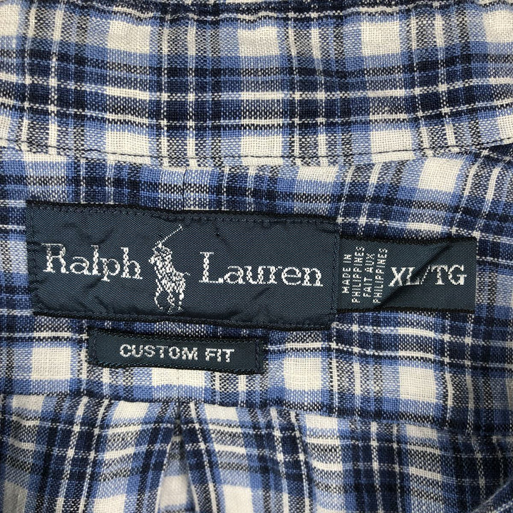 Ralph Lauren CUSTOM FIT Check Pattern Short Sleeve Linen Button Down Shirt Men's XL linen blue type Vintage Second Hand