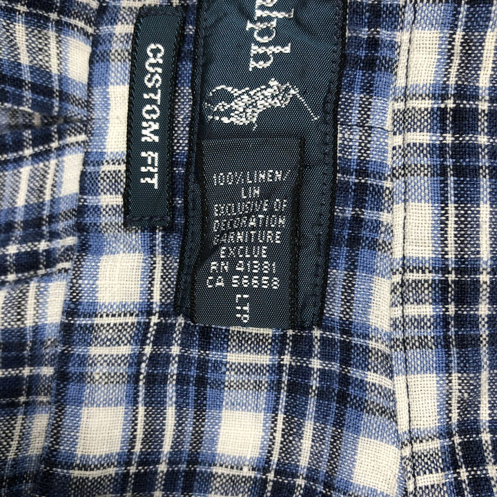 Ralph Lauren CUSTOM FIT Check Pattern Short Sleeve Linen Button Down Shirt Men's XL linen blue type Vintage Second Hand