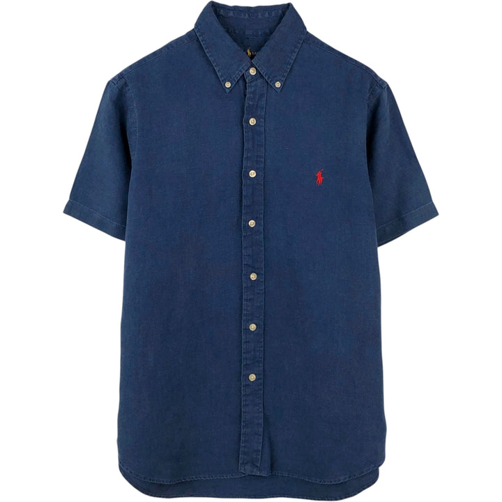 Ralph Lauren Classic Fit short sleeve linen button down shirt, men's size M linen navy blue type Vintage Second Hand