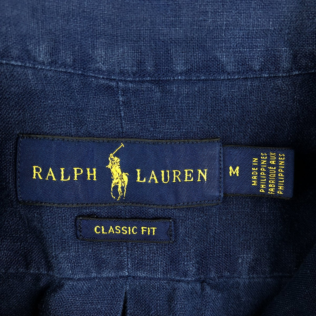 Ralph Lauren Classic Fit short sleeve linen button down shirt, men's size M linen navy blue type Vintage Second Hand