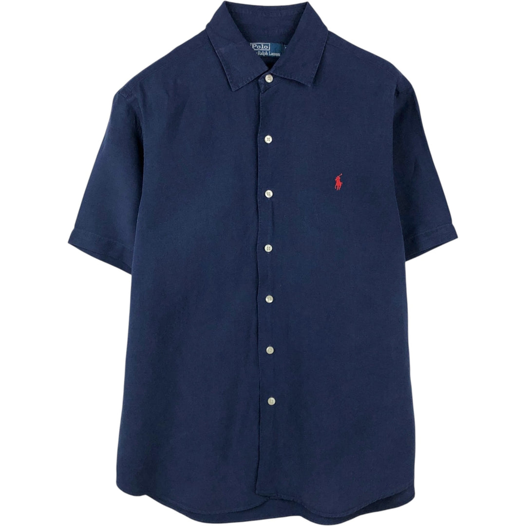 Ralph Lauren POLO by Ralph Lauren short sleeve linen shirt, men's size L linen navy blue type Vintage Second Hand