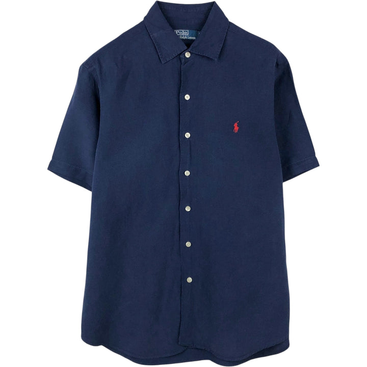 Ralph Lauren POLO by Ralph Lauren short sleeve linen shirt, men's size L linen navy blue type Vintage Second Hand