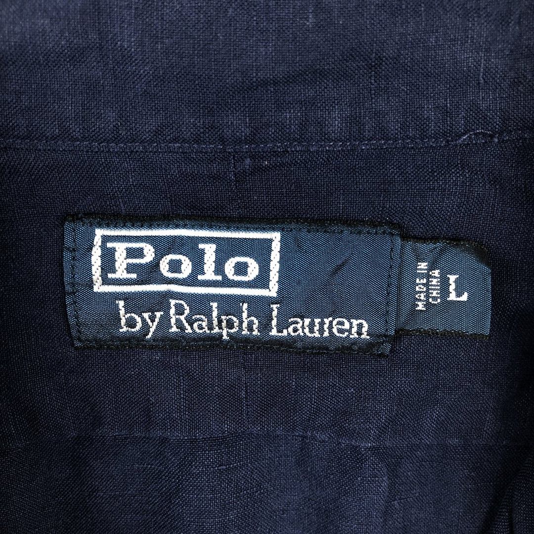 Ralph Lauren POLO by Ralph Lauren short sleeve linen shirt, men's size L linen navy blue type Vintage Second Hand