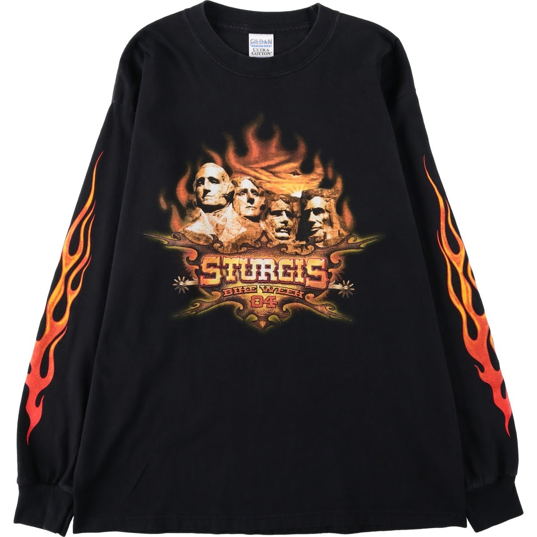 2000'S Gildan Fire Pattern Motorcycle Long-Sleeve T-Shirt (Men's Size L) cotton black type Vintage Second Hand