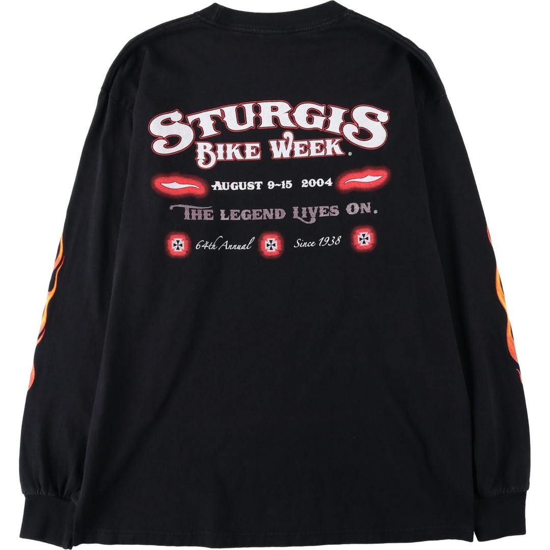 2000'S Gildan Fire Pattern Motorcycle Long-Sleeve T-Shirt (Men's Size L) cotton black type Vintage Second Hand