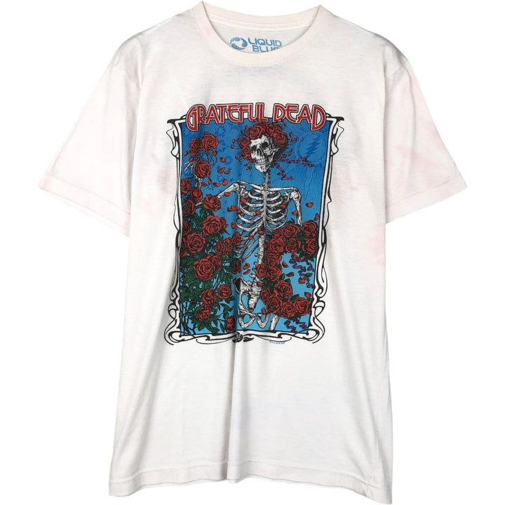 Liquid Blue (Grateful Dead) Skull Pattern Floral Band T-Shirt - Men's Size L (approx.) cotton white type Vintage Second Hand