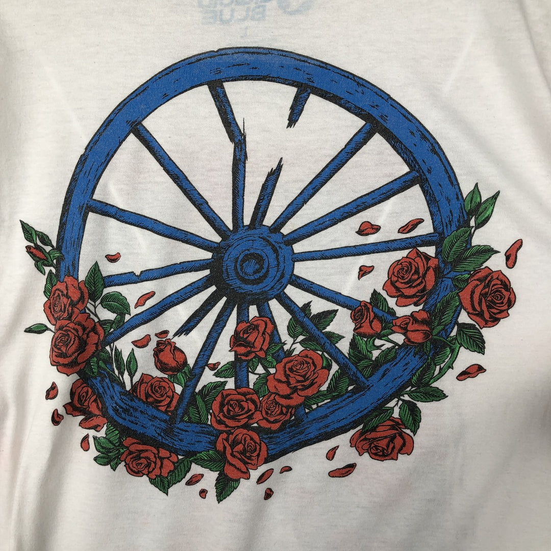 Liquid Blue (Grateful Dead) Skull Pattern Floral Band T-Shirt - Men's Size L (approx.) cotton white type Vintage Second Hand