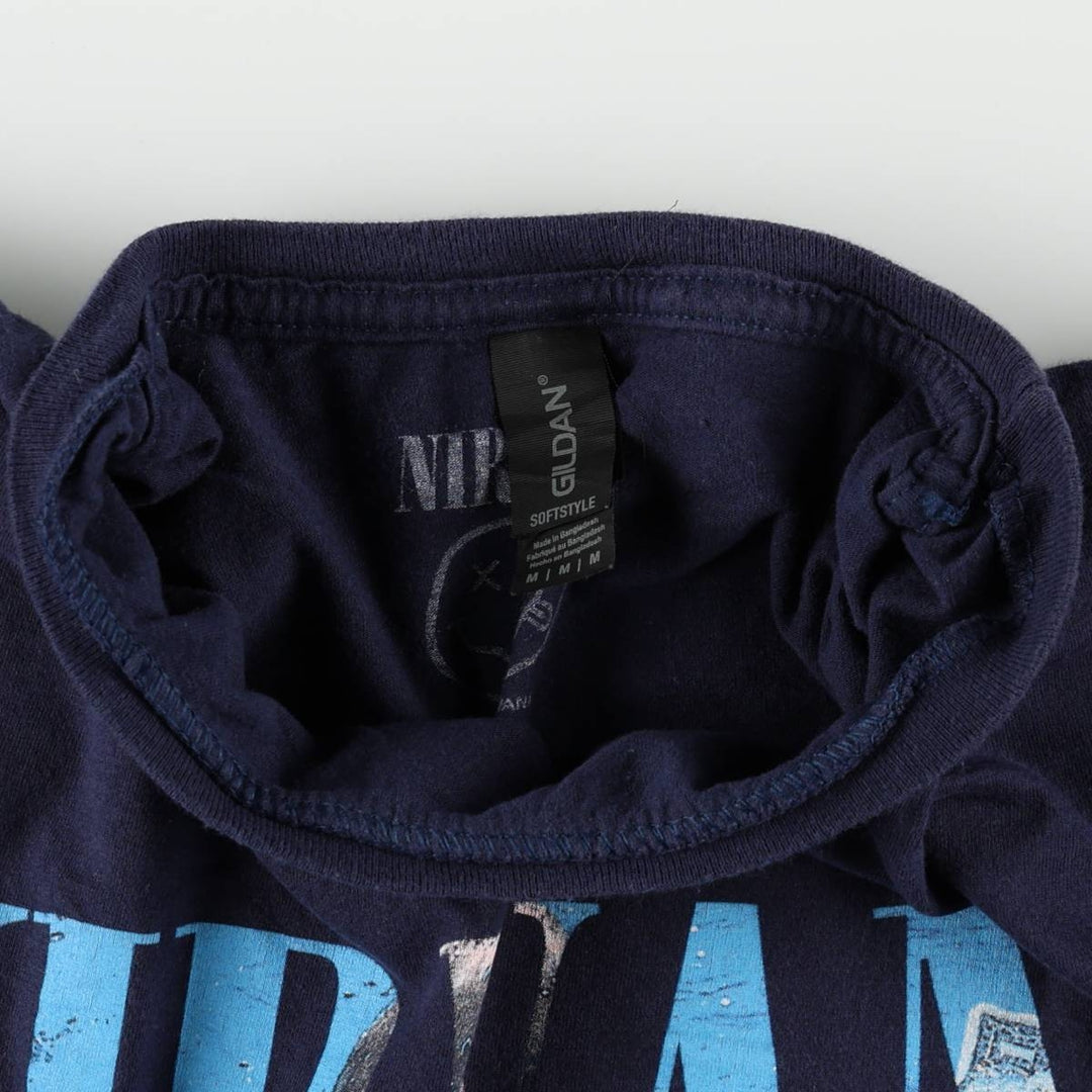Gildan GILDAN NIRVANA Nirvana Band T-shirt Band T Men's M size cotton navy blue type Vintage Second Hand