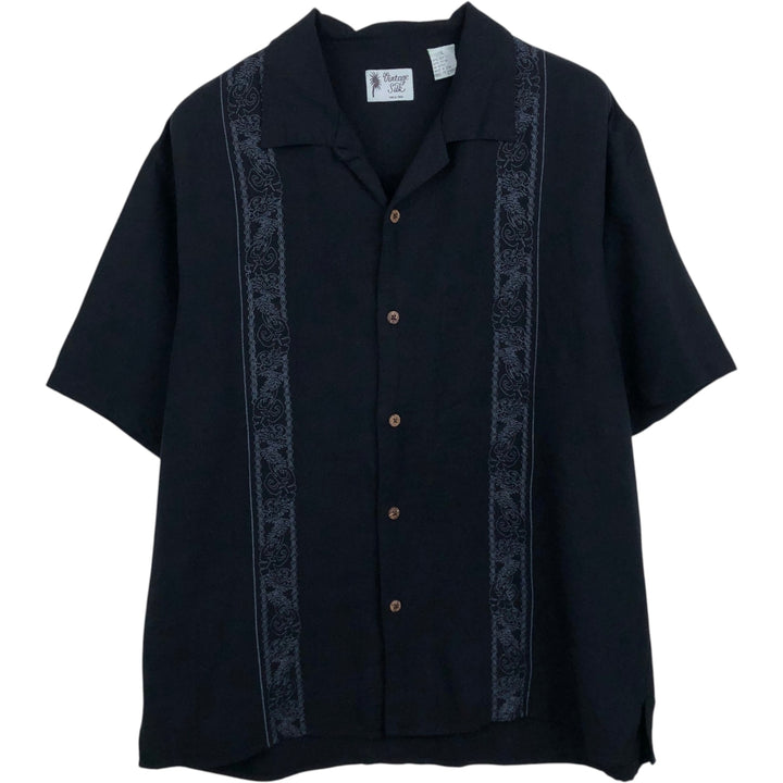 Vintage Silk Short-Sleeve Open-Collar Mexican Shirt, Cuban Shirt, Boxy Shirt, Men's Size L (approx.) silk black type Vintage Second Hand