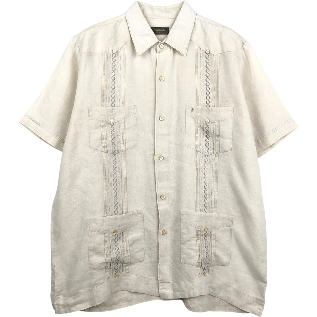 Fernando Pena Short-Sleeve Open-Collar Mexican Shirt, Cuban Shirt, Boxy Shirt, Men's Size L (approx.) linen Beige type Vintage Second Hand