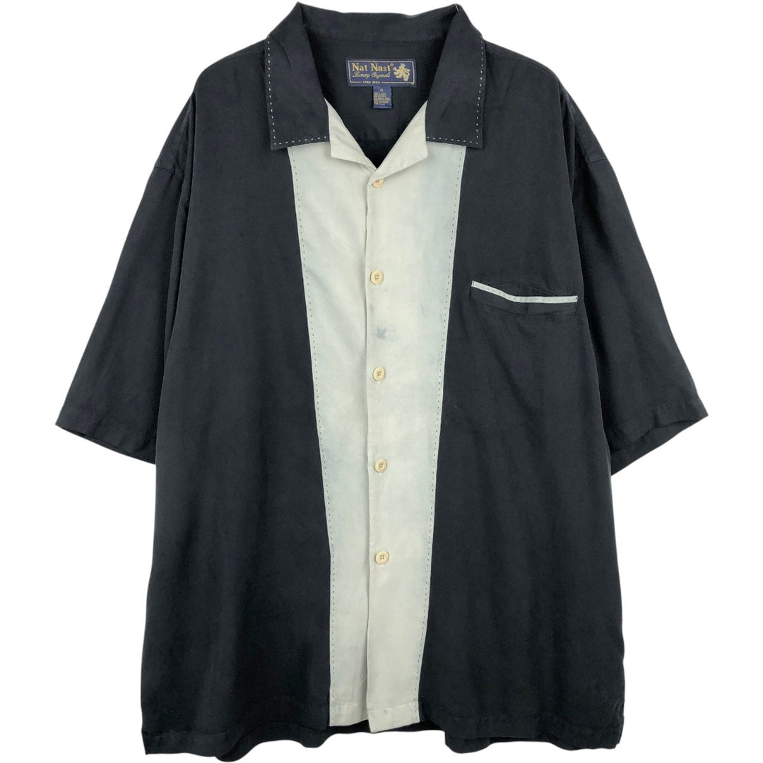 90s-00'S Nat Nast Short-Sleeve Two-Tone Open-Collar Silk Shirt, Boxy Shirt, Men's XL Equivalent, Vintage silk black type Vintage Second Hand